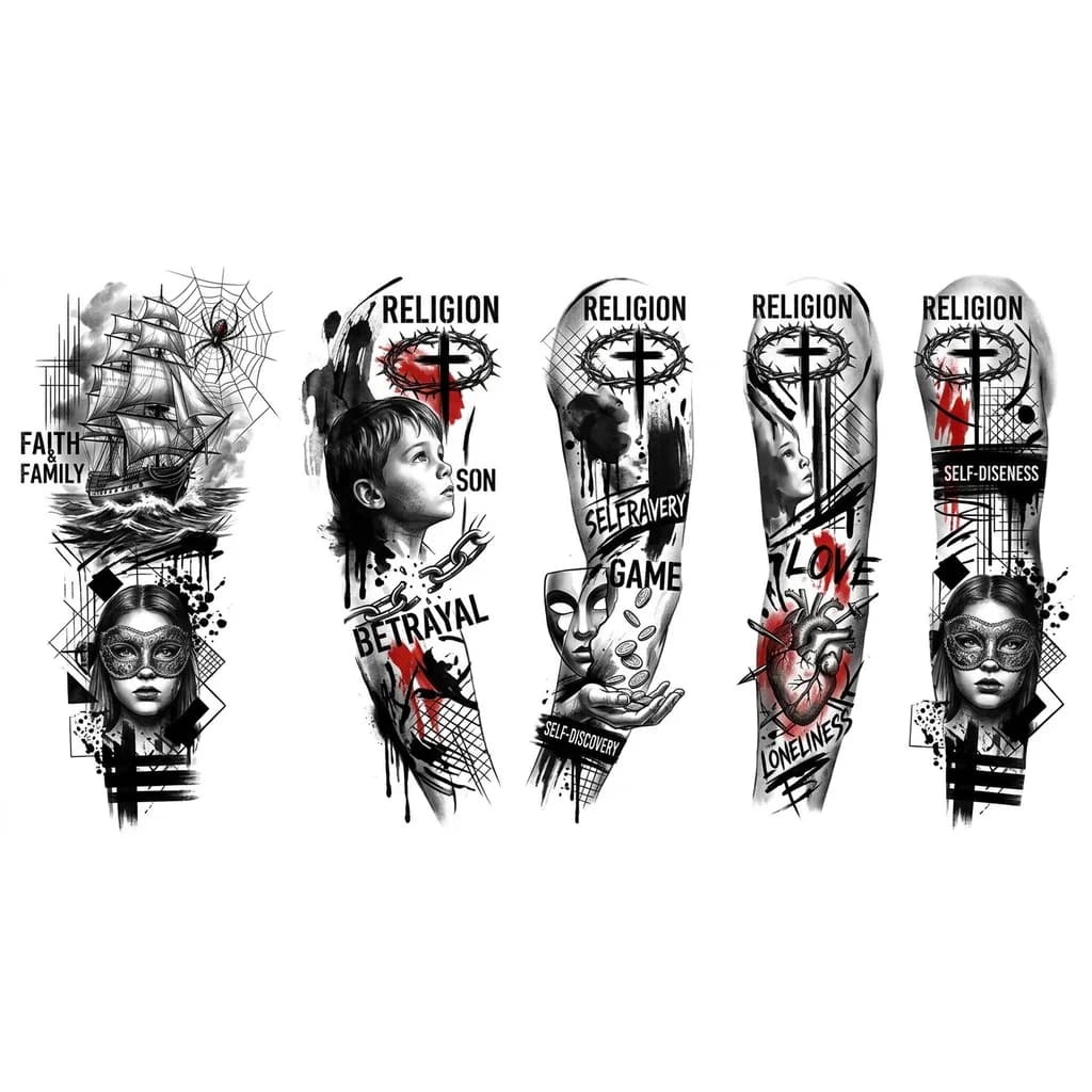 Тату эскиз: Корабль, море, паук, паутина, семья, религия, христианство, сын, одиночество, любовь, игра, поиск себя, предательство, деньги, девушка в маске на лице, 