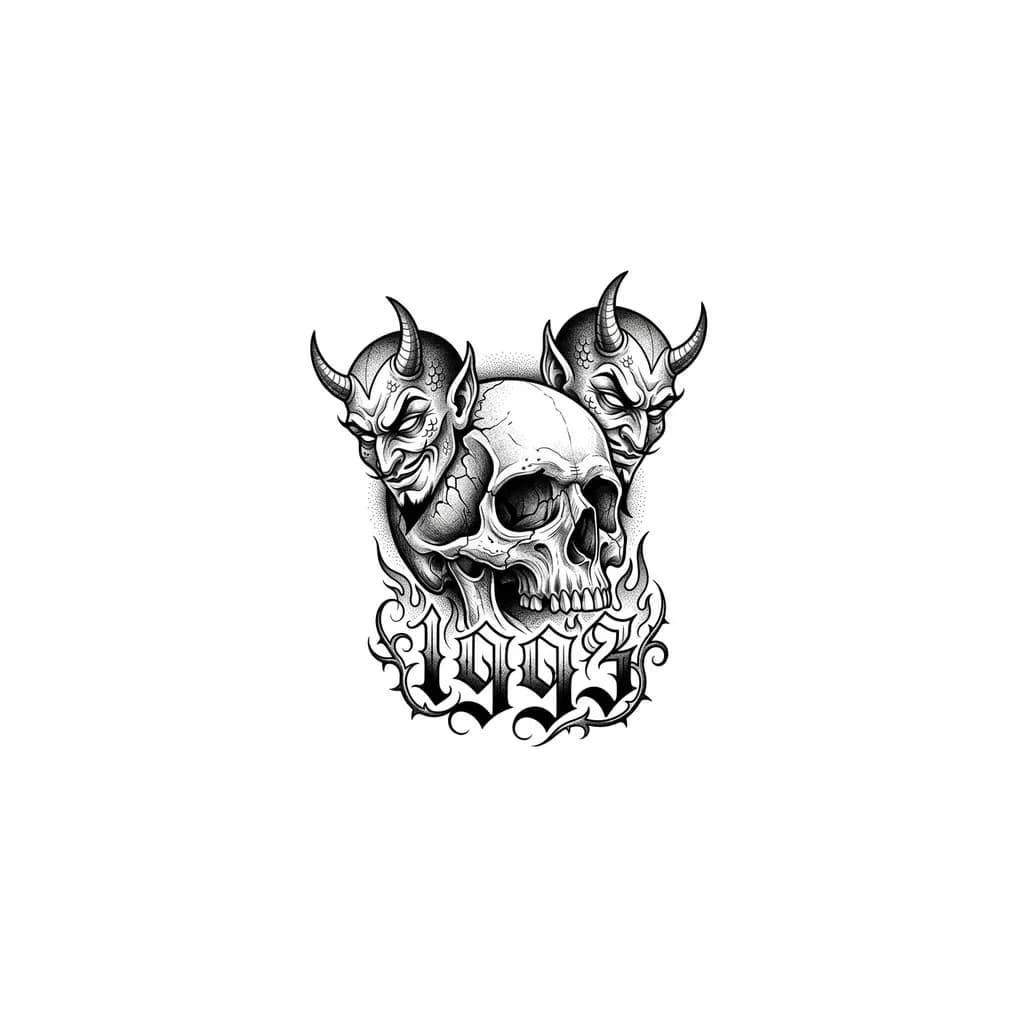 Тату эскиз: Череп, дьяволы, 1993