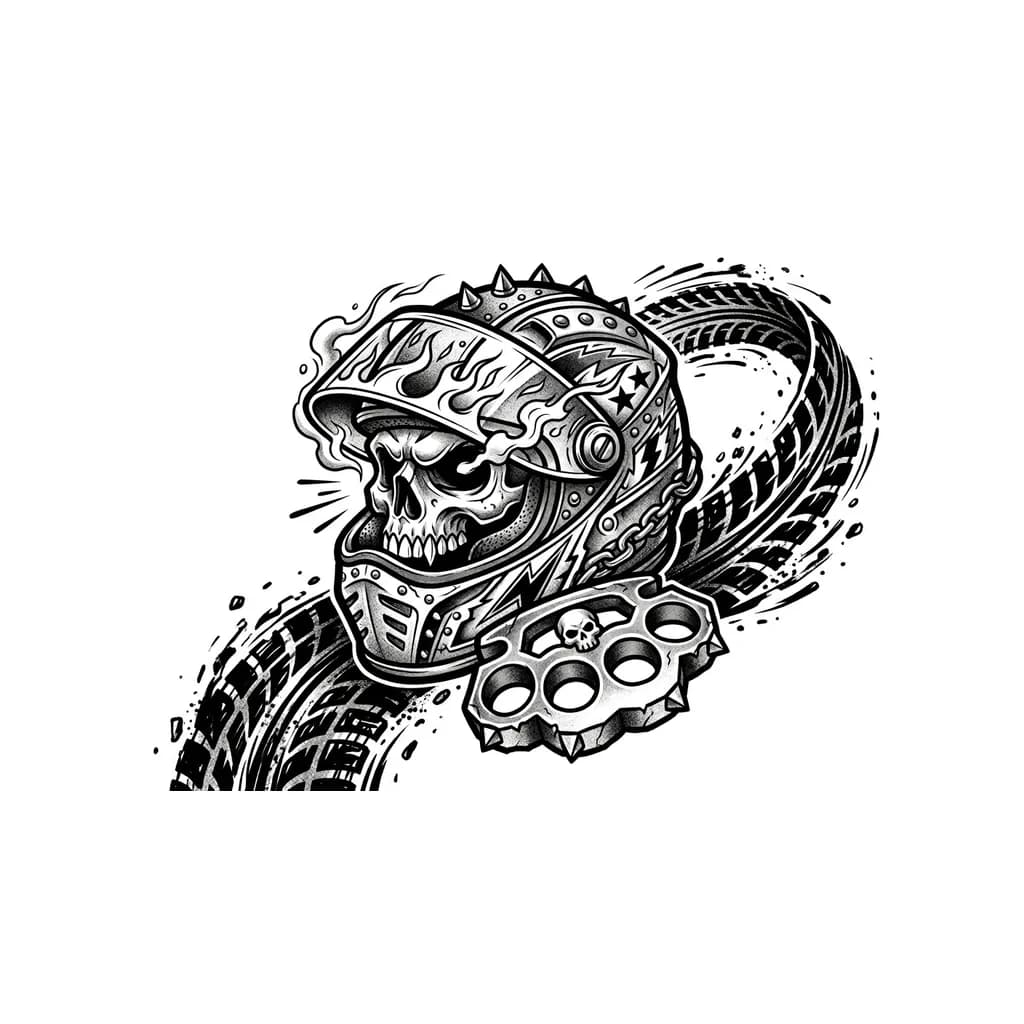 Мото шлем, кастет и след от покрышек