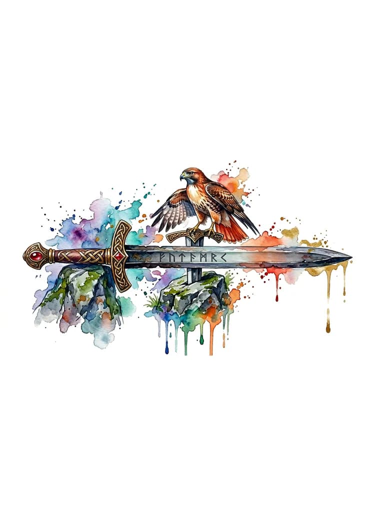 Основой тату должен быть меч эскалибур в камне, с четко прорисованными рунами на клинке. необходимо вписать как дополнение ястреба, сидящего на рукоятке или летяжего к мечу.  Тату вдохновлена историей о мерлине и короле артуре