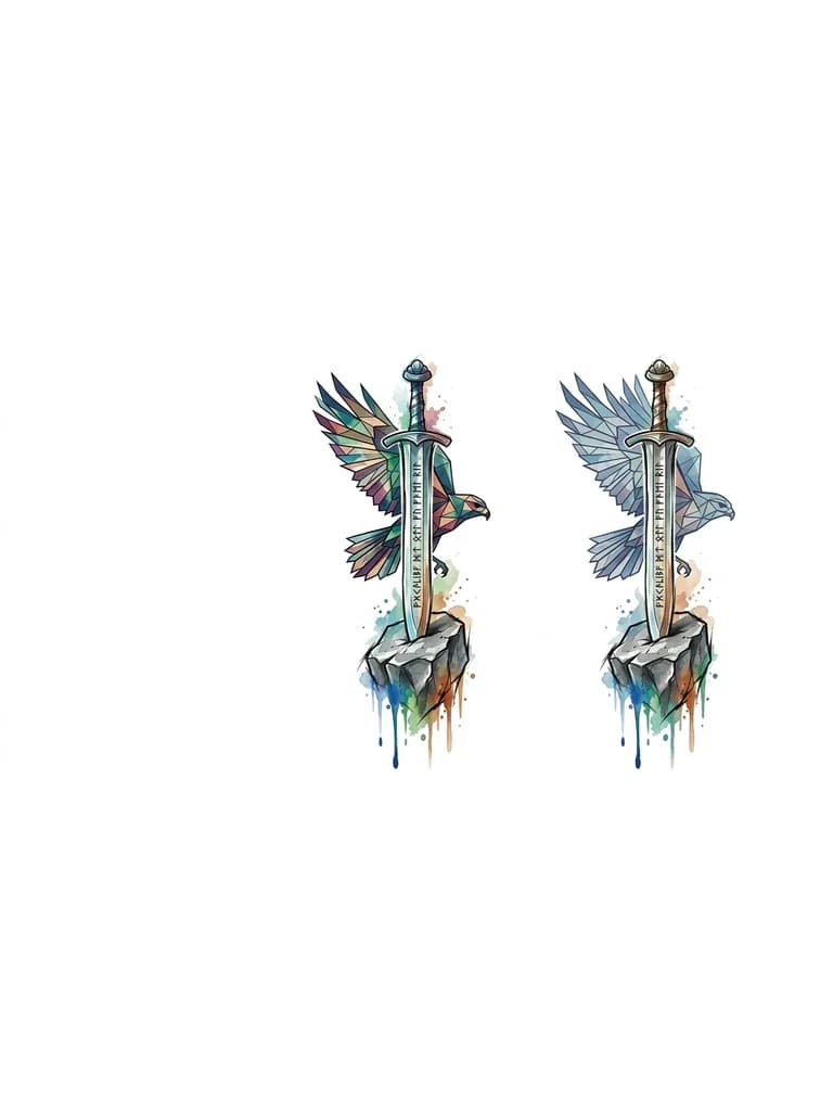 Тату эскиз: Основой тату должен быть меч экскалибур который торчит из камня/либо вынут из камня и опирается на него , с четко прорисованными рунами на клинке.   Тату вдохновлена историей о мерлине и короле артуре.
меч должен торчать из камня вертикально.

 дополнить тату силуэтом ястреба в стиле геометрия. геометрия ястреба должна быть  фоном основной тату