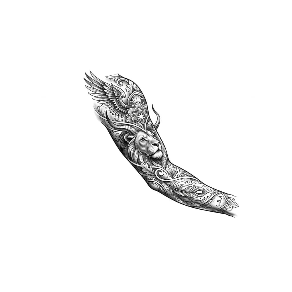 Тату эскиз: Легкая и воздушная тату, для мужчины, больше светлых теней, можно добавить узор, или животных
только не змеи, волки и олени, можно добавить льва на предплечье с рогами которые направленны в верх по бицепсу и орла. И добавь 2 надписи "А.В.А" в разных местах на рукаве