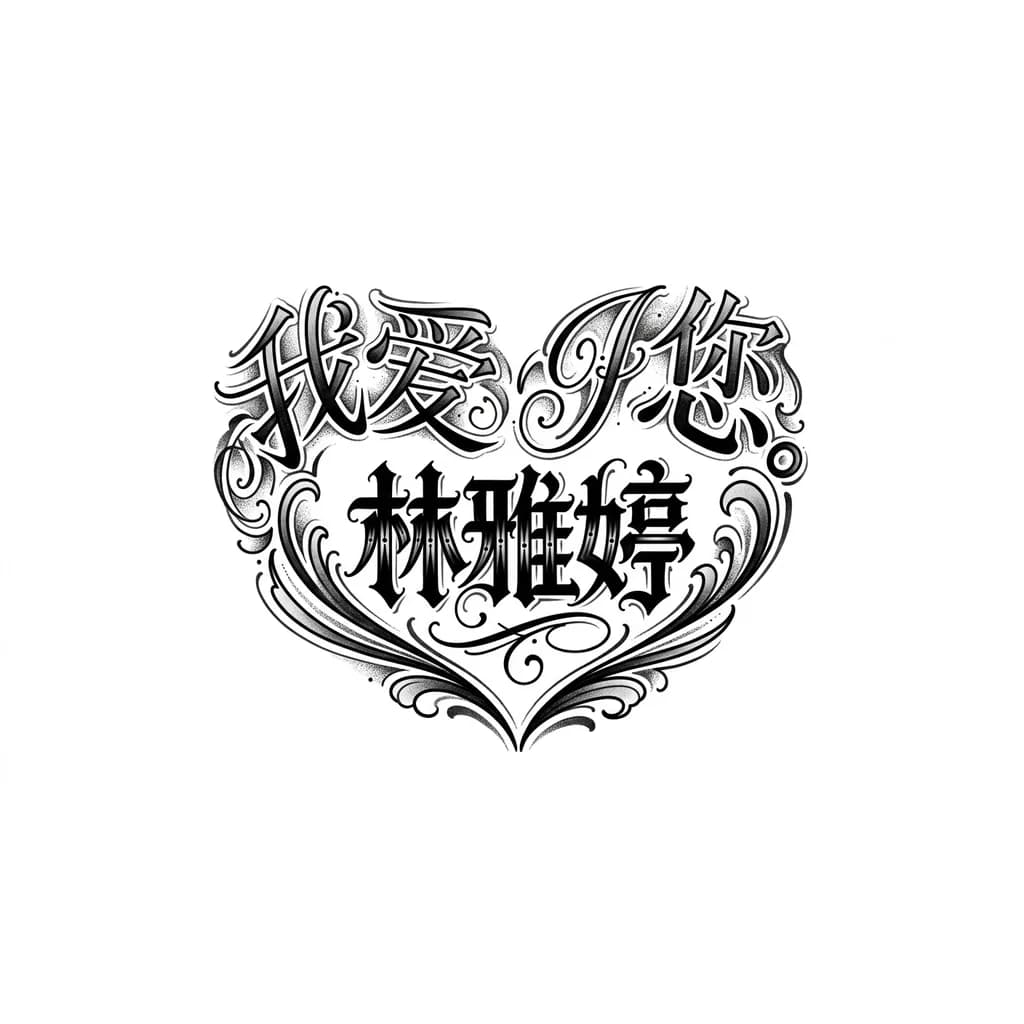 Тату эскиз: ‎слово‎ 我爱您。в форме сердца а внутри сердца слово 林雅婷