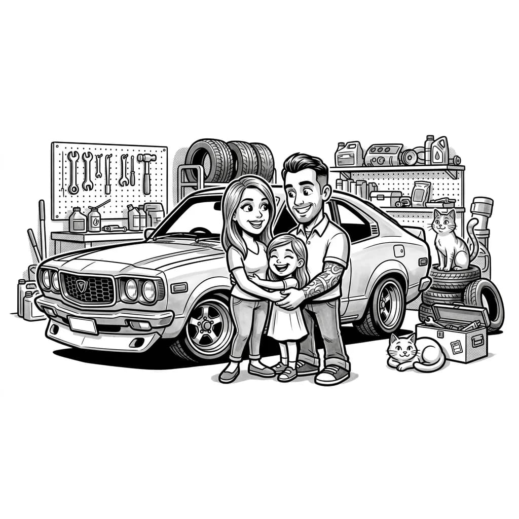 Тату эскиз: Black and white vintage cartoon style illustration of a family gathered in a garage next to a Mazda car, wife and daughter smiling, cats sitting nearby, warm cozy atmosphere, comic book style shading, monochrome ink, detailed linework, tattoo flash sheet illustration, white background, high contrast, clean lines