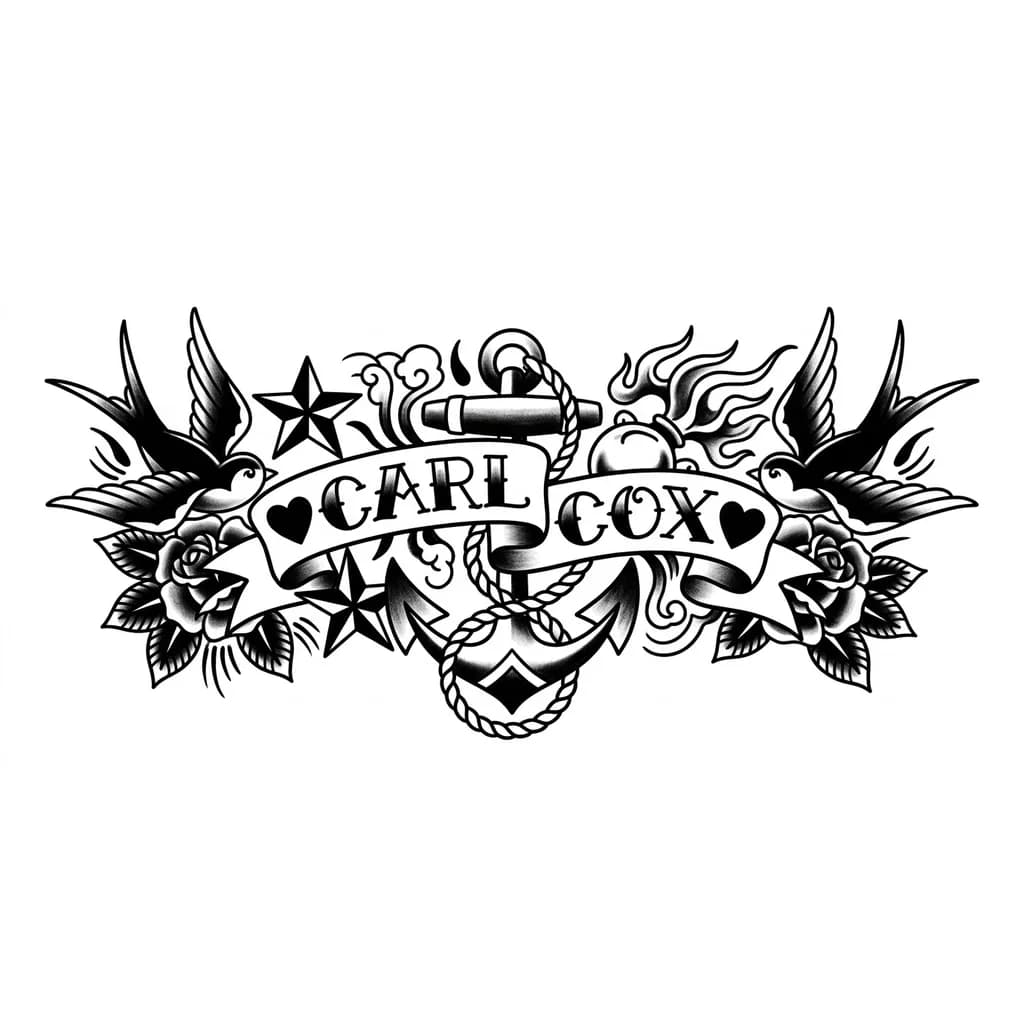 Тату эскиз: Имя Английское Carl Cox  
И сердечки 