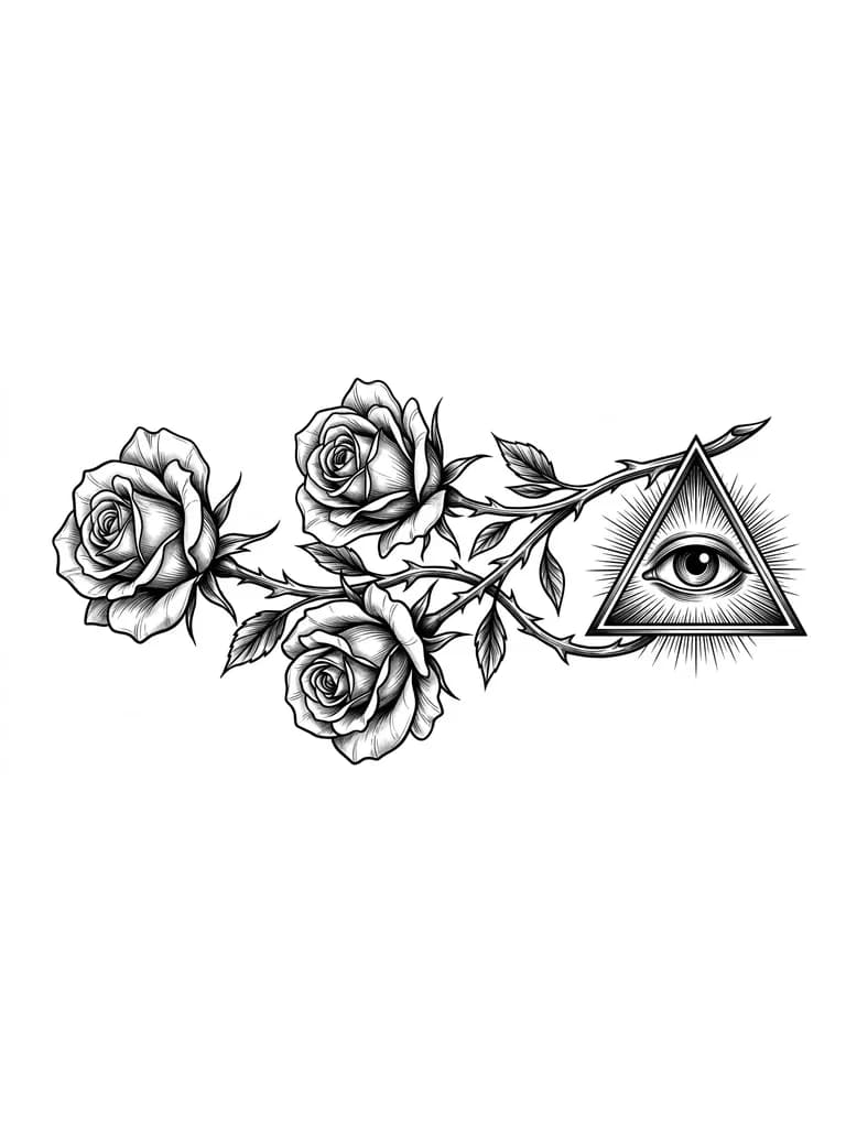 Тату эскиз: Искиз татуировки два бутона раскрытой розы с шипами обвивающея руку и с внешней стороны символ треугольник с глазом