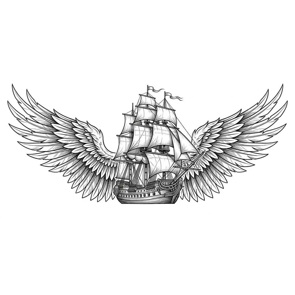 Тату эскиз: Создай эскиз для тату на спине, в центре корабль с 9 парусами и крыльями с очертаниями оперения уходящих на плечи. 