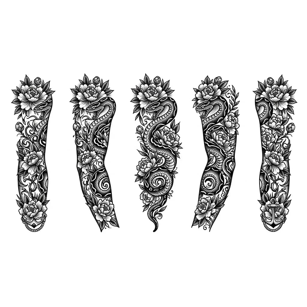 Тату эскиз: объемный королевский питон обвивается в окружение  пионов 