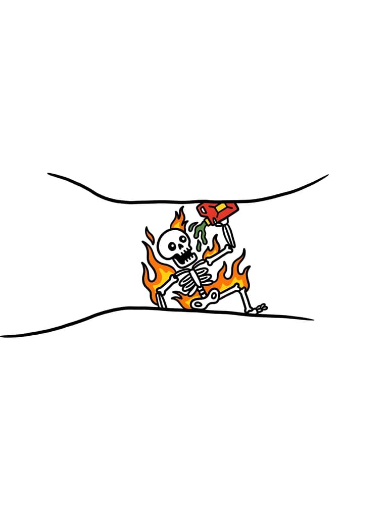 Тату эскиз: Скелет обливает себя бензином из канистры кричит и поджигает себя