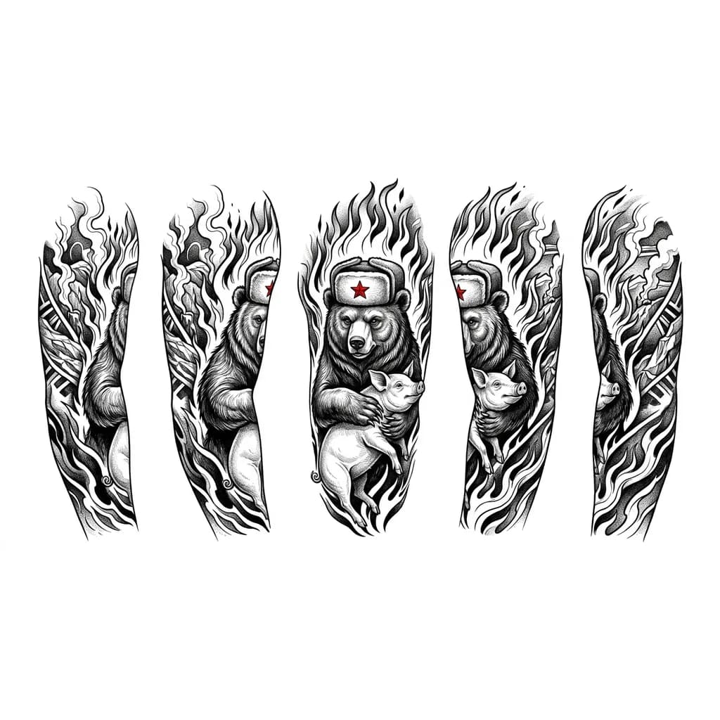 Тату эскиз: Медведь в шапке-ушанке с красной звездой, держит за шею свинью, на фоне пылающего огня