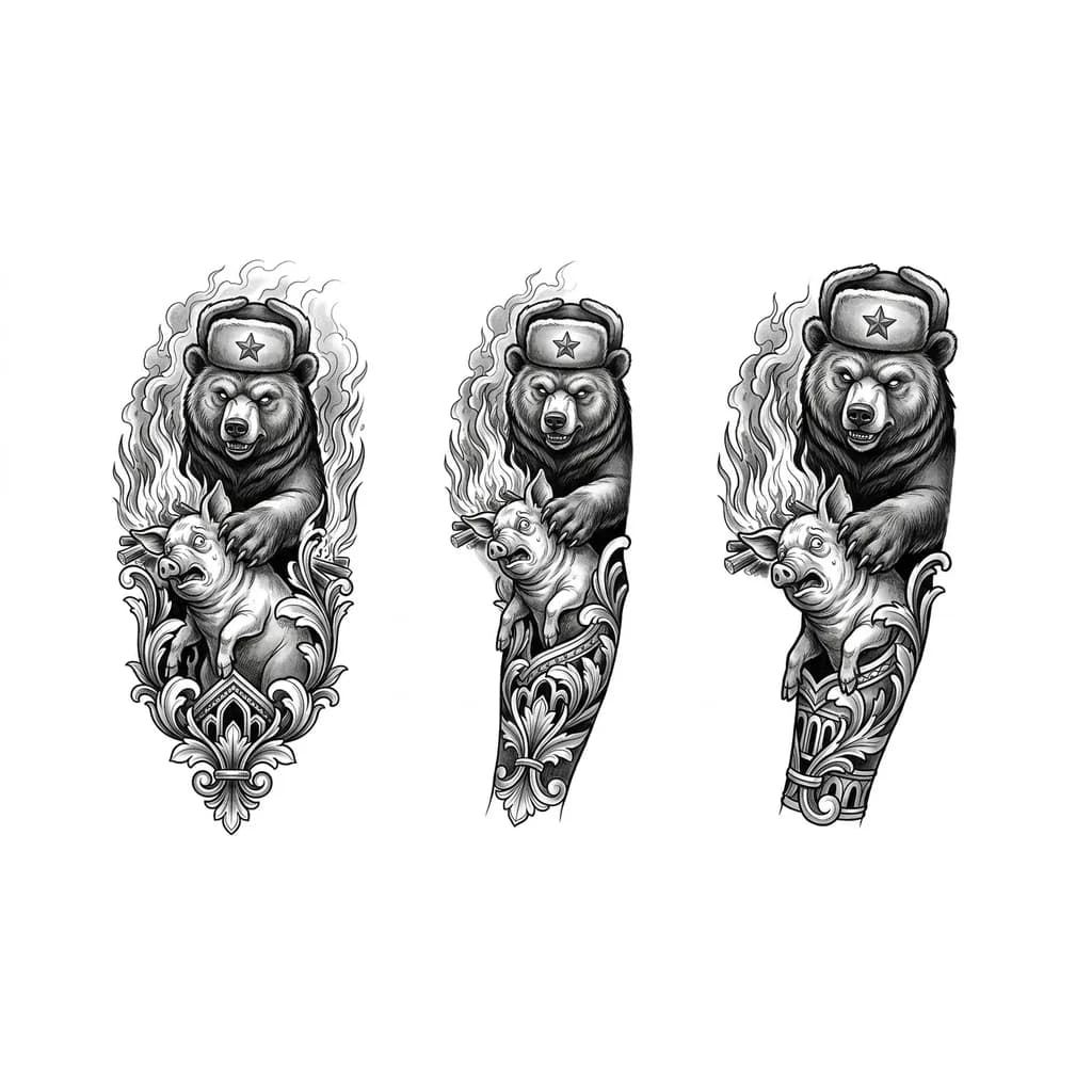 Тату эскиз: Медведь в шапке-ушанке с красной звездой, держит одной рукой за шею свинью, свинья в истерике на фоне пылающего огня