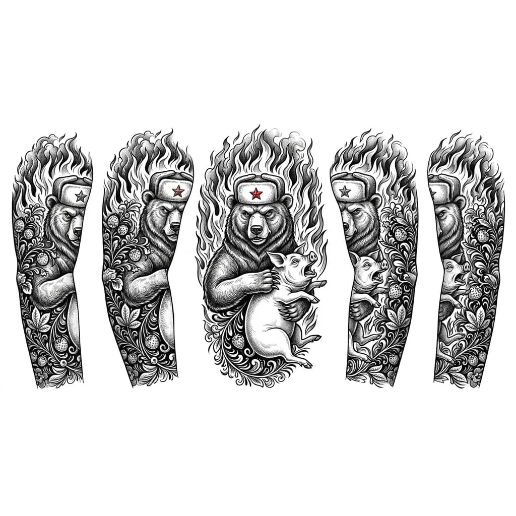 Тату эскиз: Медведь в шапке-ушанке с красной звездой, держит одной рукой за шею свинью, свинья в истерике на фоне пылающего огня.
Композиция должна быть в традиционном русском стиле с добавлением хохломы