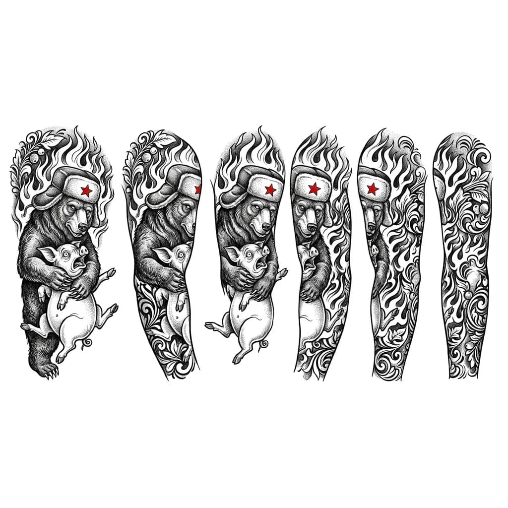 Тату эскиз: Медведь в шапке-ушанке с красной звездой, держит одной рукой за шею свинью, свинья в истерике на фоне пылающего огня.
Композиция должна быть в традиционном русском стиле с добавлением хохломы
