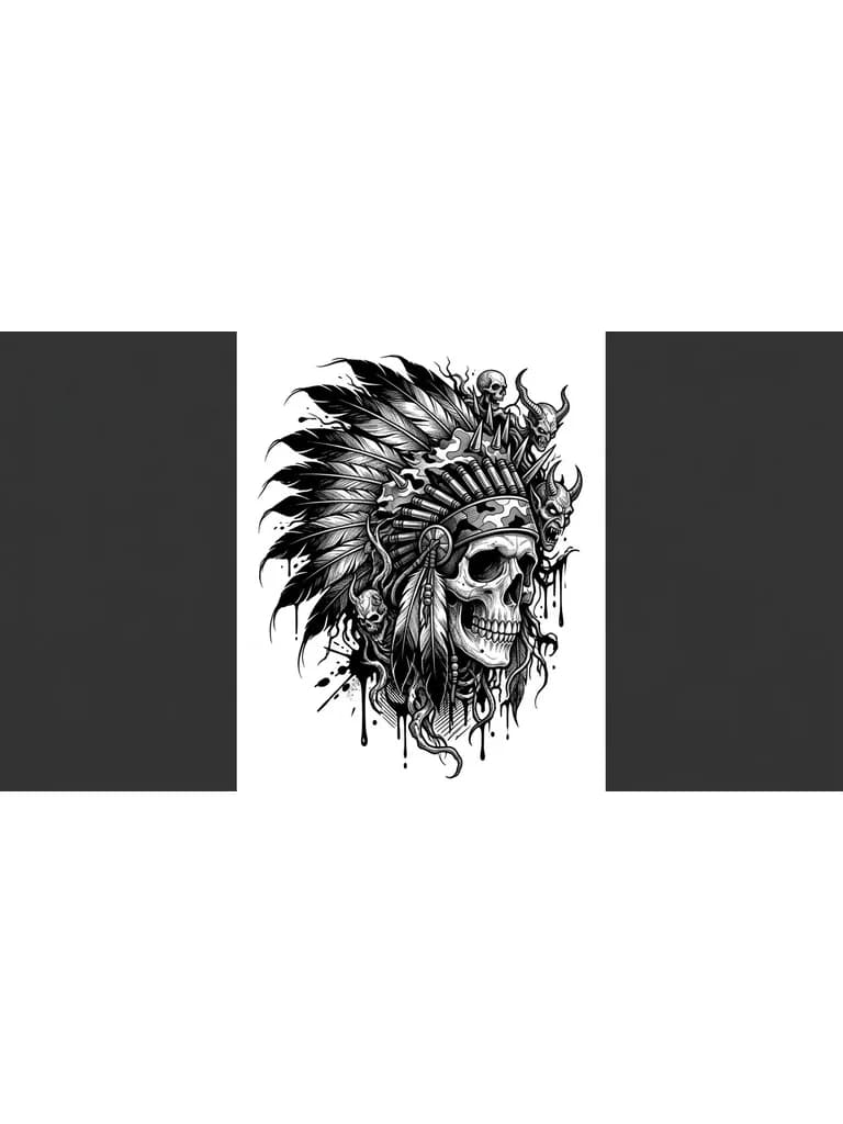 Тату эскиз: череп с элементами индейского/военного головного убора, чёрно-белая графика с акцентами на деталях, агрессивный и мистический стиль