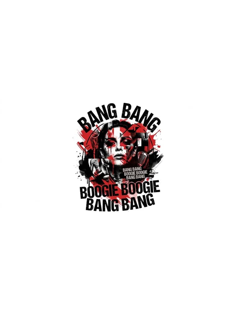 Тату эскиз: солистка группы skynd с надписью сверху BANG BANG, и снизу BOOGIE BOOGIE BANG BANG