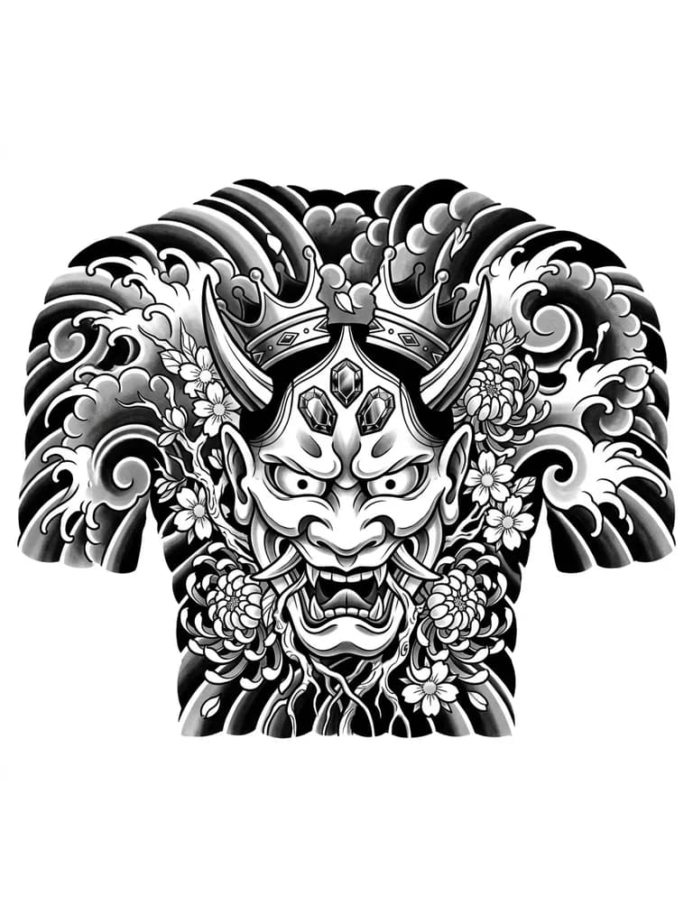 Тату эскиз: Маска Хання  на спину , с поломоной короной на две половины  на голове , вокруг маски ,хочу что бы были корни и цветы , чуть выше глаз хочу 2 драгоценных камня 