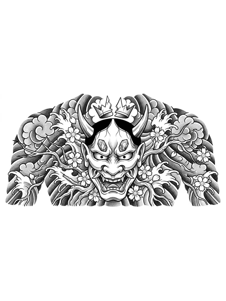 Тату эскиз: Маска Хання  на спину , с поломоной короной маленькой  на две половины  на голове , вокруг маски ,хочу что бы были корни и цветы , чуть выше глаз хочу 2 драгоценных камня , тату должно быть только на спине и не выходить на руки 