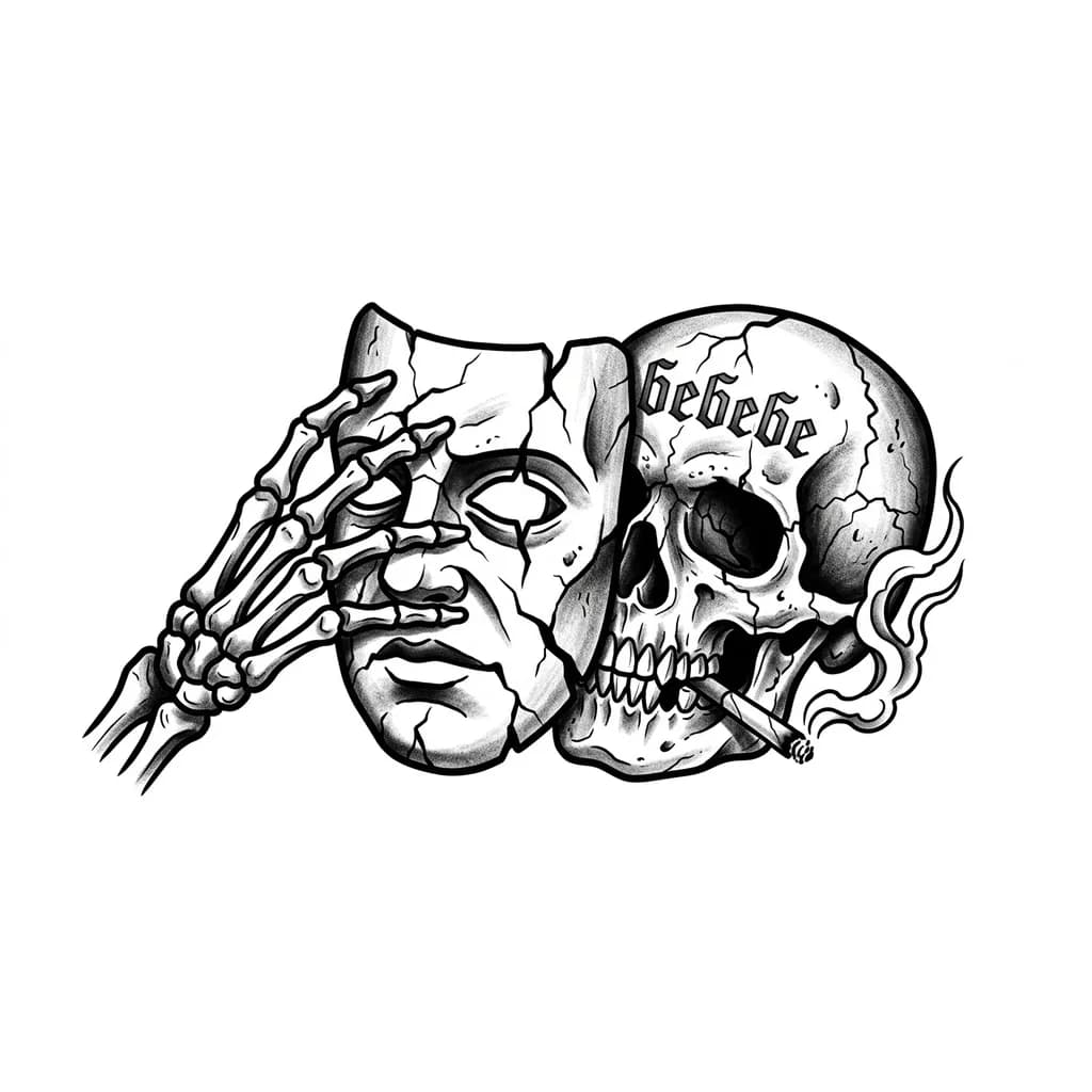 Тату эскиз: Нужна поношенная треснувшая маска. Её снимает рука скелета. За маской. Череп, тоже треснувший и 
курящий сигарету. На черепе надпись"бебебе". Тату дожна быть не просто линиями, а типо с обьемом