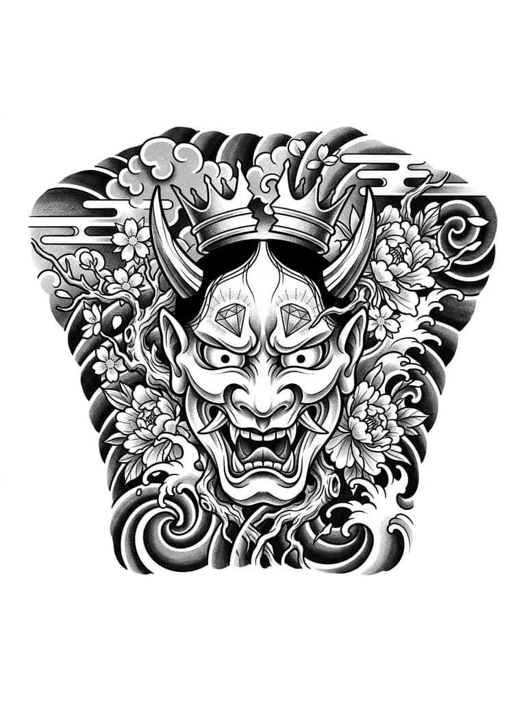 Тату эскиз: Маска Хання  на спину , с поломоной короной на две половины  на голове , вокруг маски ,хочу что бы были корни и цветы , чуть выше глаз хочу 2 драгоценных камня 