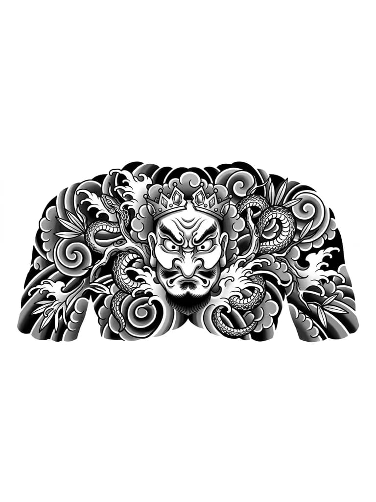 Тату эскиз: Маска Тэнгус гневным выражением лица, на голове у него корона с драгоценными камнями сломанная на две части, вокруг маски должны быть лозы деревьев похожие на змей , маска должна выглядеть притягивающий взгляд людей 