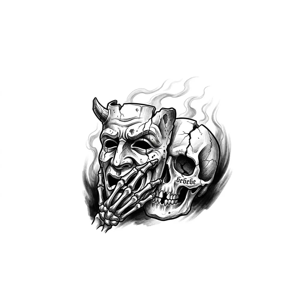 Тату эскиз:  тату на грудь Чёрно-белая графика с элементами реализма. Старая потрескавшаяся маска они, сколы, потёртости. Один рог сломан. За маской виден треснувший человеческий череп, глубокая трещина на лбу и скуле. Костлявая рука скелета отодвигает маску от черепа, как будто снимает её.Под левой глазницей черепа мелкая надпись курсивом: «бебебе». Композиция вертикальная, крупный план, тёмное растушёвка по краям, лёгкий дым на фоне. Без крови,без жести.Стиль:тёмный арт/иллюстративная татуировка.Грудь