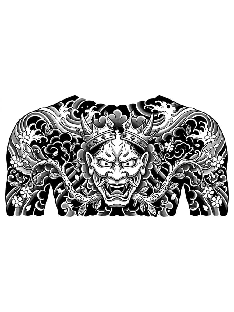 Тату эскиз: Маска Хання гневным выражением лица, на голове у него корона с драгоценными камнями сломанная на две части, вокруг маски должны быть лозы деревьев  , татуировка должна быть на всю спину не затрагивая руки , прошу пойми меня 