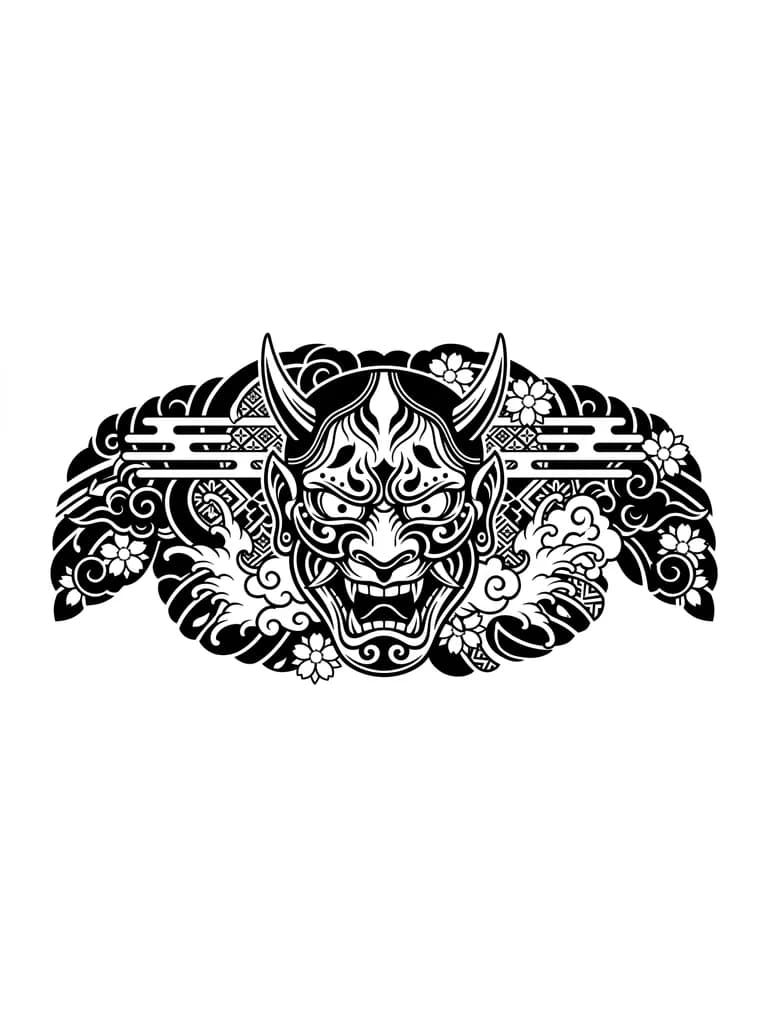 Тату эскиз: Сгенерируй тату в японском стиле на всю спину, начиная от шеи и заканчивая поясницей, не затрагивая руки. Маска хання 