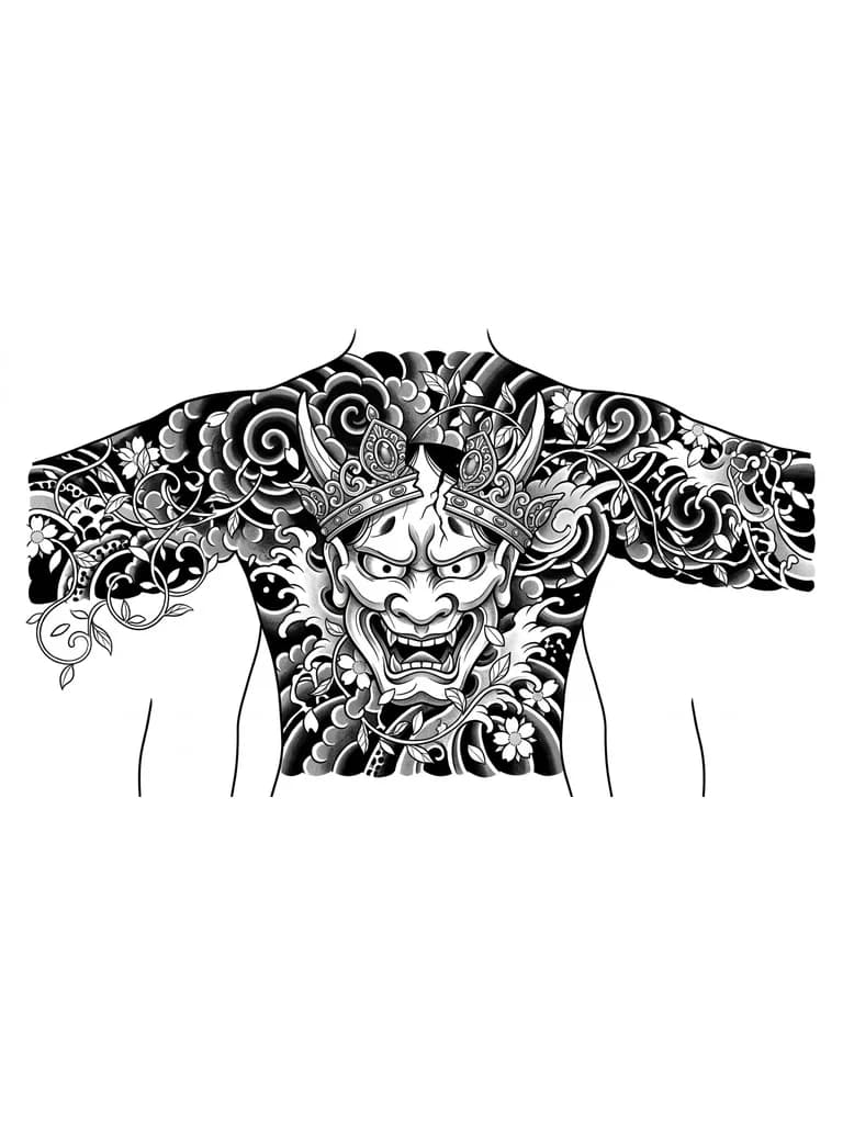 Тату эскиз: Создай эскизы от шеи до поясницы , Маска Ханья с гневным выражением лица , на голове драгоценная поломанная диадема на две части , в эскизы должны быть лозы с листьями , маска должна занимать большую часть эскиза , диадема должна быть аккуратной и детальной ,  побольше деталей у всего эскиза 
