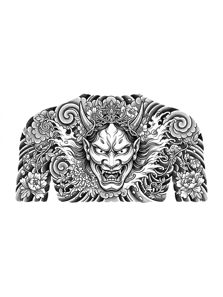 Тату эскиз: Создай эскизы от шеи до поясницы , Маска Ханья с гневным выражением лица , на голове венок из лозы и листьев  , в эскизы должны быть лозы и цветы  , маска должна занимать большую часть эскиза , диадема должна быть аккуратной и детальной ,  побольше деталей у всего эскиза , добавь больше ярости 

