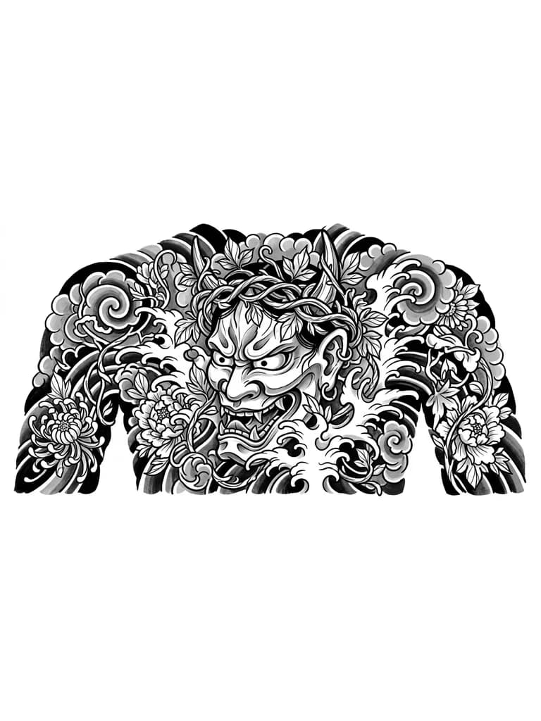 Тату эскиз: Создай эскизы от шеи до поясницы , Маска Ханья с гневным выражением лица , на голове венок из лозы ( объемные и тяжелые )  и листьев  , в эскизы должны быть лозы и цветы  , маска должна занимать большую часть эскиза , побольше деталей у всего эскиза , добавь больше ярости , должен быть еще пирсинг на ухе 


