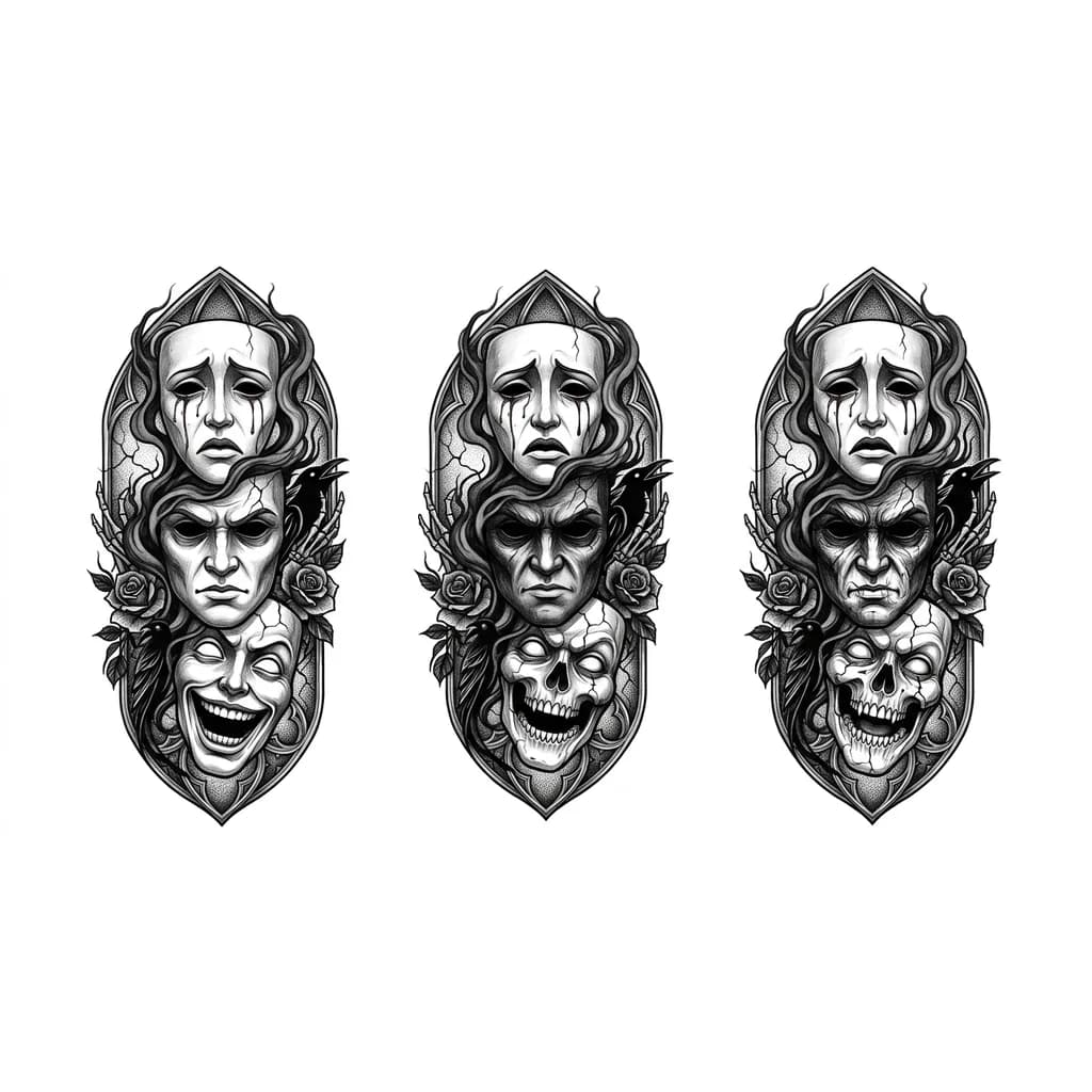 Тату эскиз: Концепция Три стадии безумия
Маски расположены вертикально они как бы перетекают друг в друга через дым тени или трещины.

1. Верхняя маска (Трагедия/Печаль): Лицо с опущенными веками, из глаз текут темные струи кровь Выражение полной опустошенности и тихой боли. Она самая светлая в композиции.
2. Средняя маска (Гнев/Апатия): Пустые глазницы, плотно сжатые губы или оскал. Она более темная, с резкими тенями, передает внутреннее напряжение.
3. Нижняя маска (Истерический смех) 
