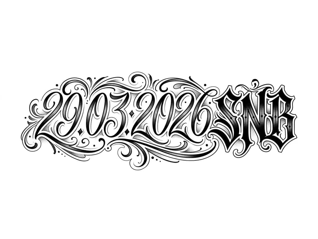 Тату эскиз: Минималистичное тату с датой рождения 29.03.2026 и рядом маленькая аббревиатура SNB