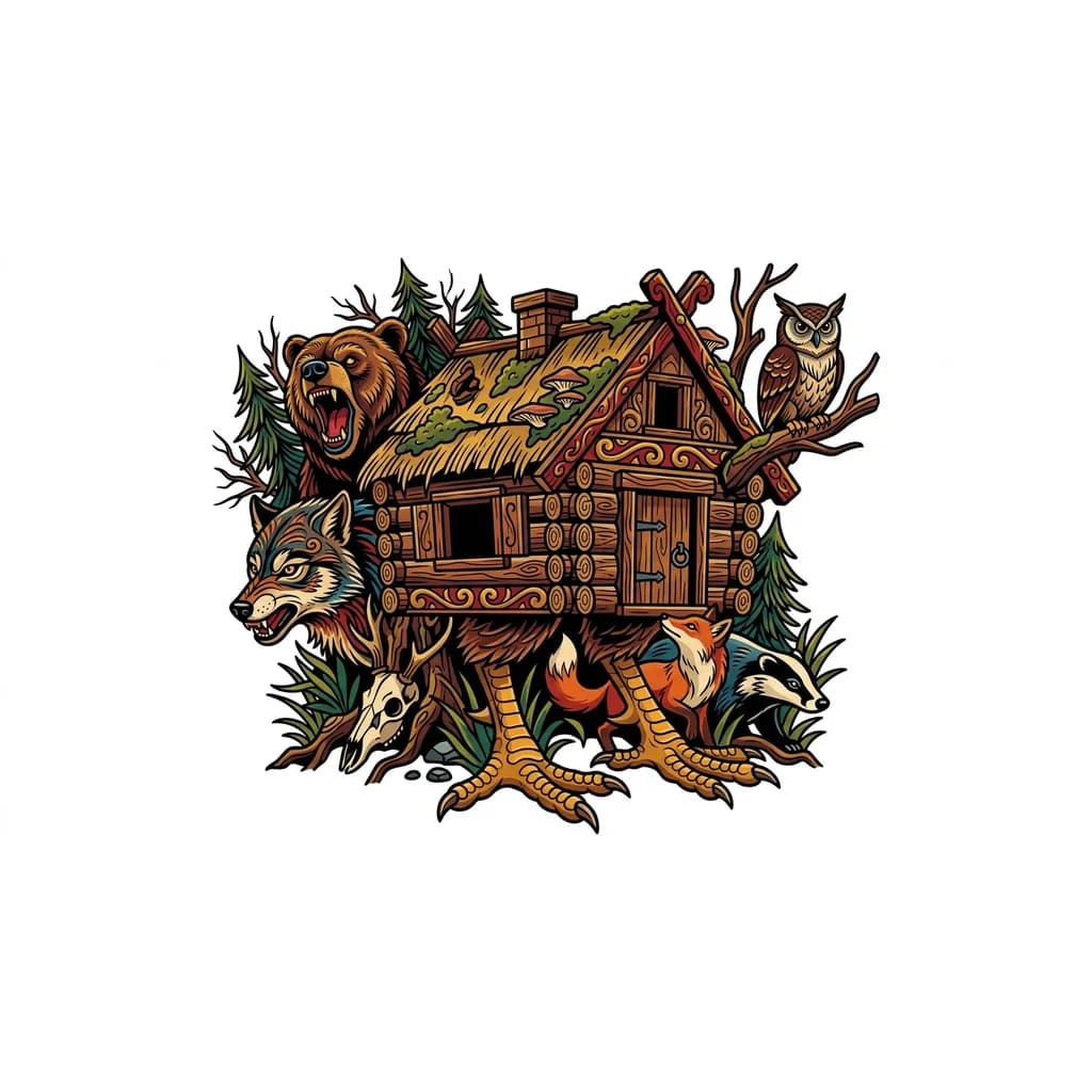 Тату эскиз: Эскиз избушка на курьих ножках в стиле неотрадишнл с дикими животными