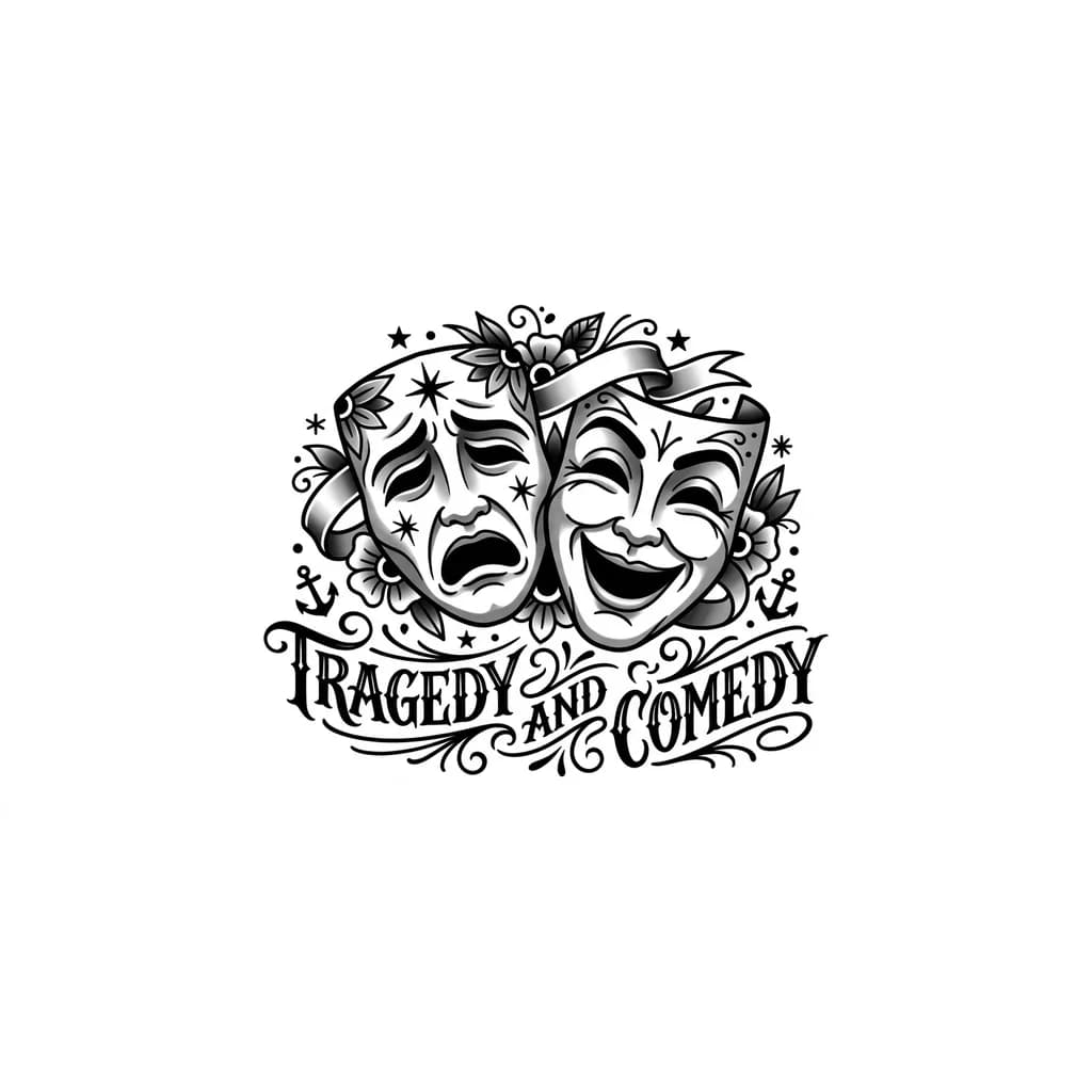 Тату эскиз: Театральные маски на плече, на предплечье 3 слова в каллиграфическом стиле