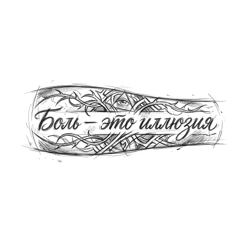 Тату эскиз: Надпись на предплечье "Боль — это иллюзия"