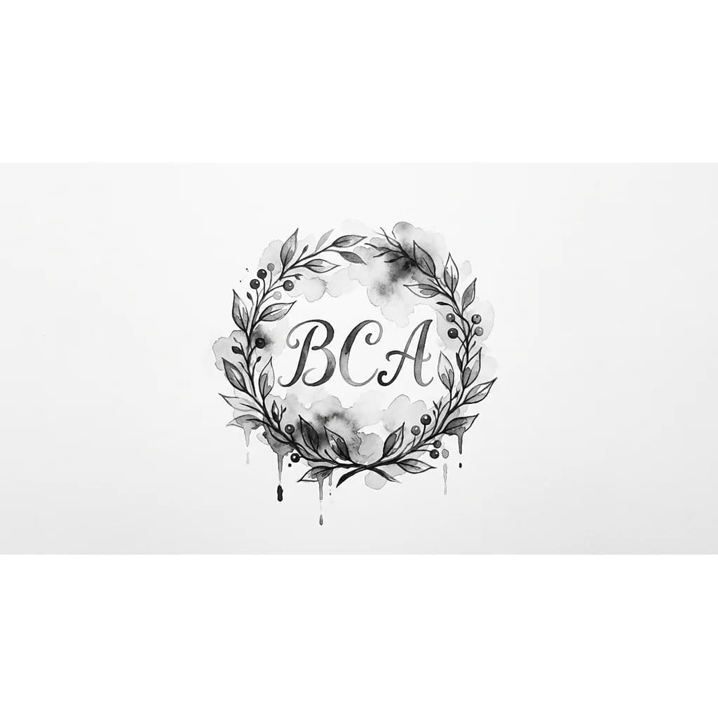 Тату эскиз: Инициалы ВСА красивым шрифтом посередине, буквы небольшие большую часть татуировки ветки и листья
