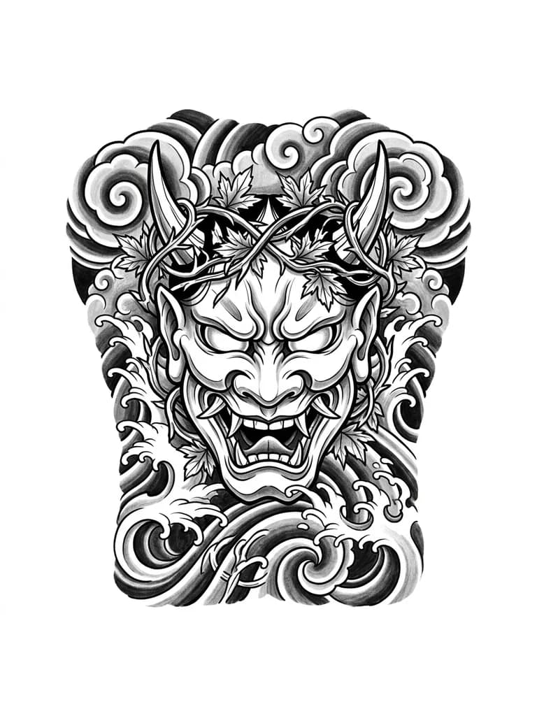 Тату эскиз: Маска ханья . Венок на голове из лоз и листьев . Лицо с гневным выражением . татуировка должна быть на всю спину 