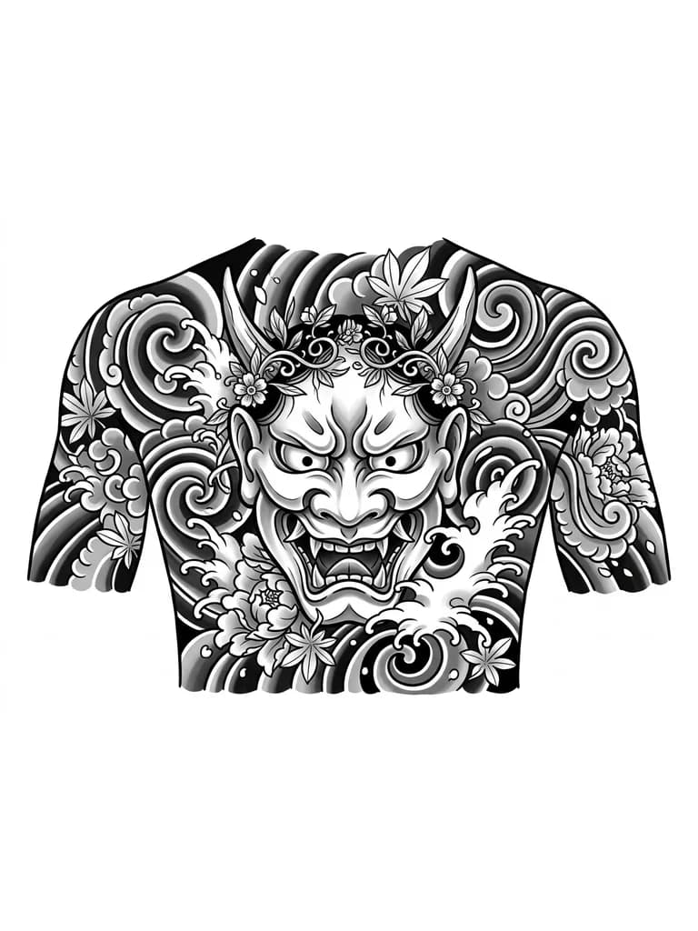 Тату эскиз: Маска ханья . Венок на голове из лоз и листьев . Лицо с гневным выражением . татуировка должна быть на всю спину .  На фоне должно быть минимум деталей 
