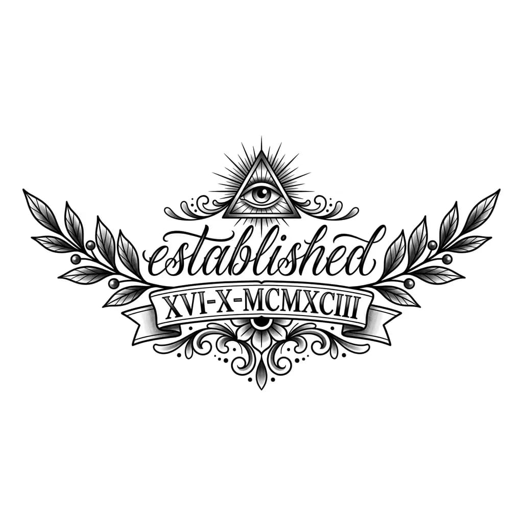 Тату эскиз: Татуировка римскими цифрами XVI-X-MCMXCIII  на груди, сверху надпись established выполненная изящным шрифтом с ветвями по краям. Пример на фото. Изобрази на чистом листе