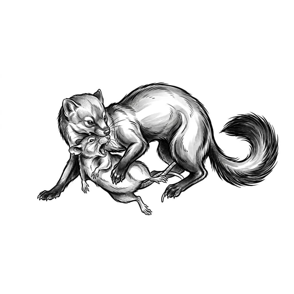 Тату эскиз: куница ломает шею крысе скрученная 
чуть злая 