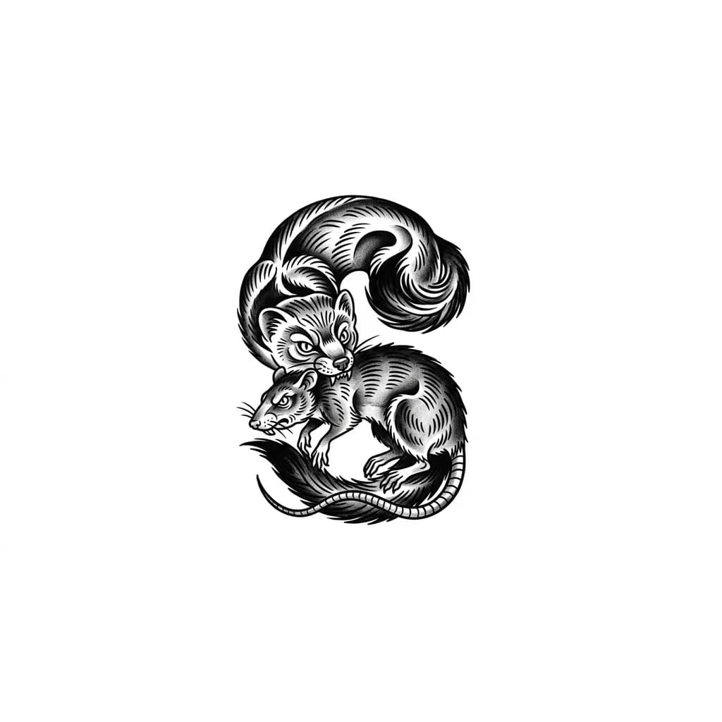 Тату эскиз: 
куница скрученая буквой s
ломает шею крысе 
чуть злая 