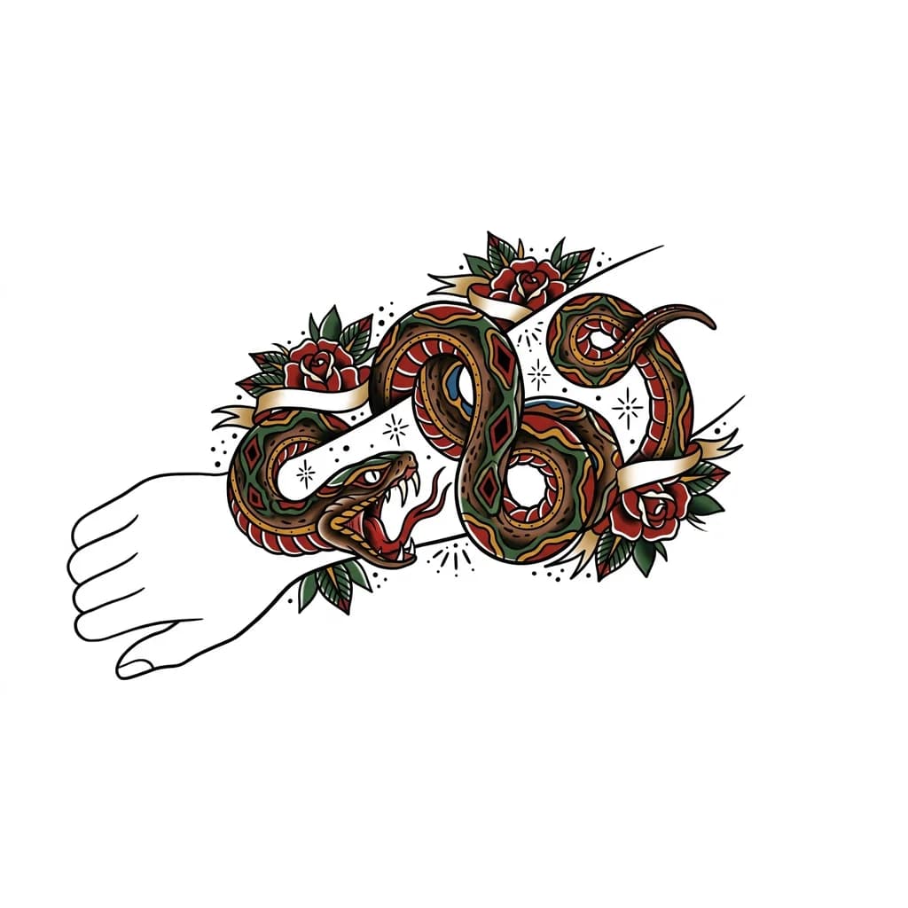 Тату эскиз: змея обвивающая руку. пасть открывается на внутренней части запястья