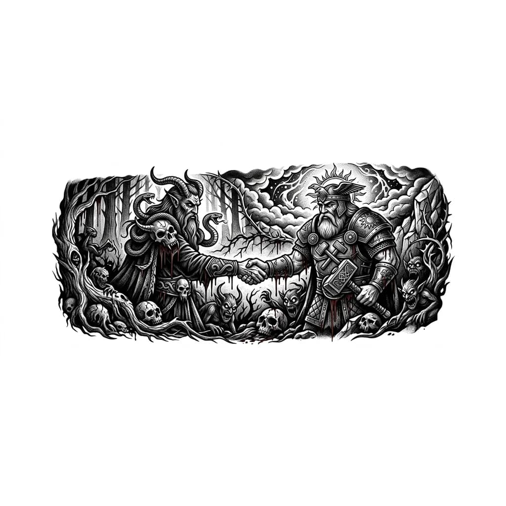 Тату эскиз: Бог Велес и Бог Сворог жмут друг другу руки