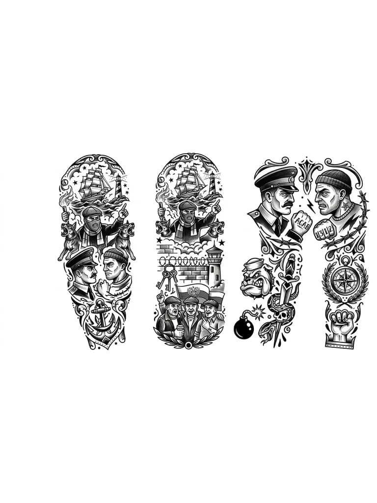 Тату эскиз: Русский хулиганский стиль, где есть всё тюрьма, этап, полиция, хулиганы, образы из мультиков и традиций