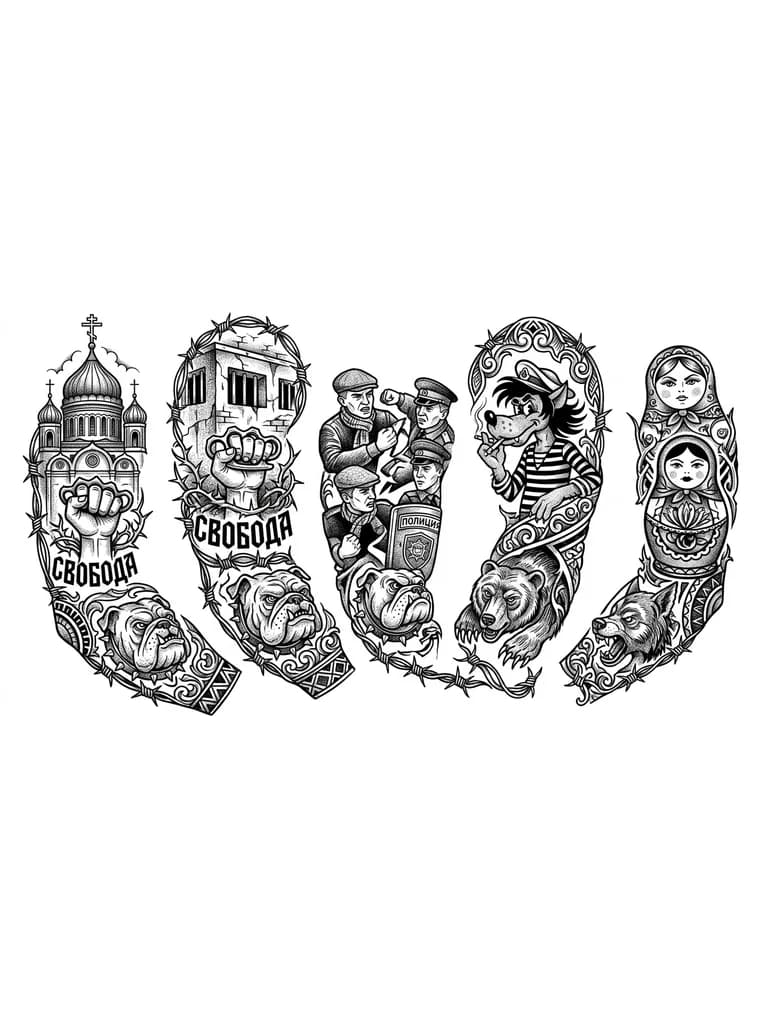 Тату эскиз: Русский хулиганский стиль, где есть всё тюрьма, этап, полиция, хулиганы, образы из мультиков и традиций