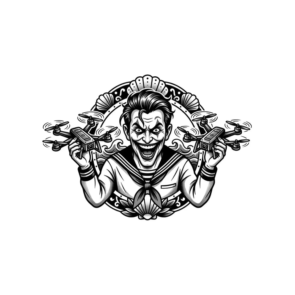 Тату эскиз: Джокер держит квадракоптеры на фоне снарядов