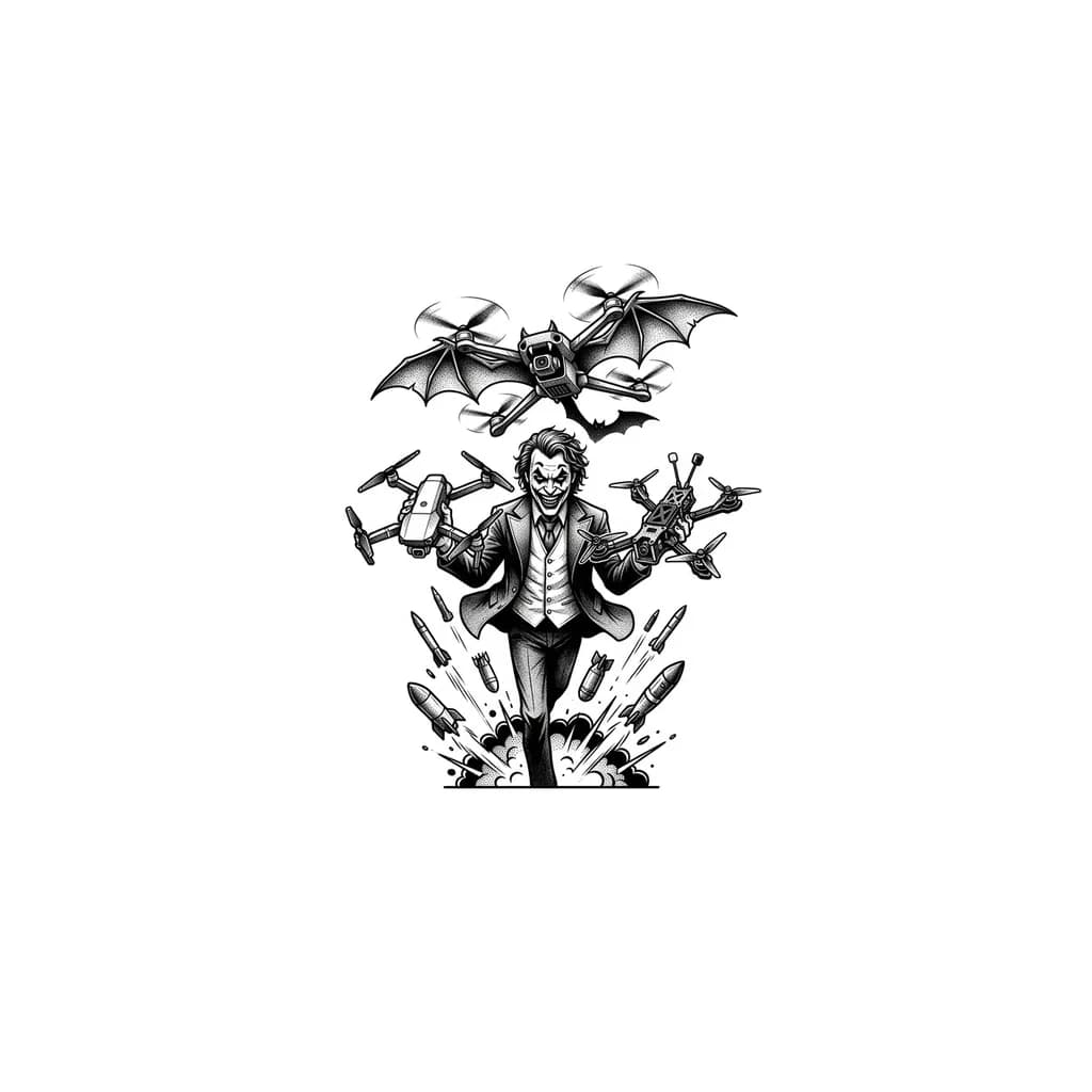 Тату эскиз: Джокер держит  в одной руке квадракоптер мавик в другой фпв дрон  с верху джокера дрон вампир с низу летят  снаряды