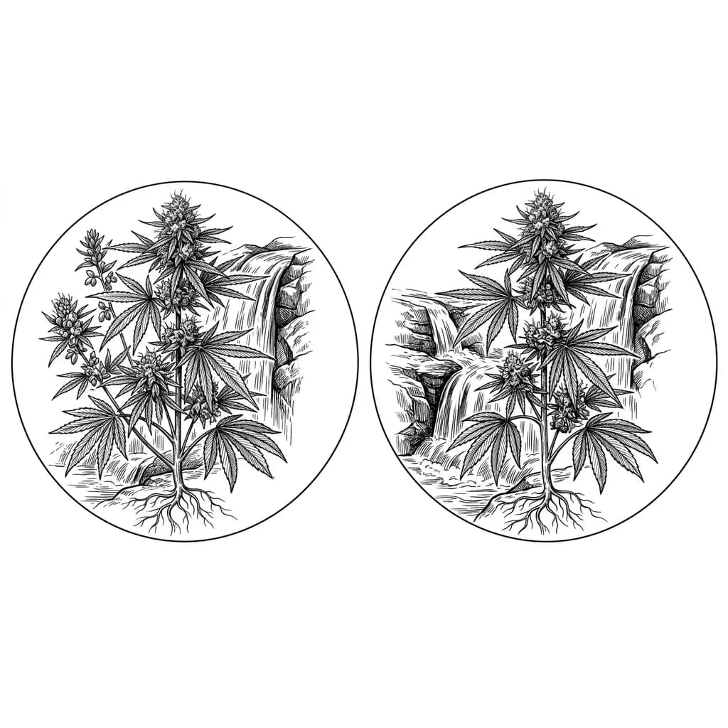 Тату эскиз: Эскиз тату на руку, куста марихуаны с бошками на фоне водопада
