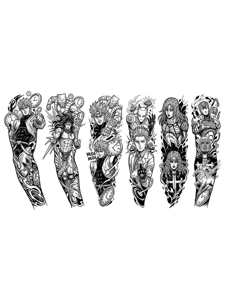 Тату эскиз: Все главные злодеи из аниме "Невероятные приключения ДжоДжо", вместе со своими стендами и способностями.