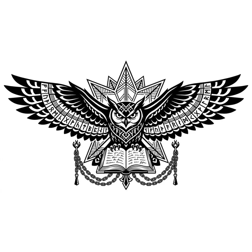 Тату эскиз: Сова в полете. На каждом крыле руны мудрости. Начиная от живота и до низа открытая книга ,с написанными страницами .Можно типа фэнтэзи добавить цепи от книги. На фоне сзади совы изобразить 8 конечную звезду в стиле Скандинавии. Тату будет биться на груди. Сова суровая ближе к фэнтезийной .Глаза можно белые сделать зрачки или разноцветные радужки. Цель этой тату передать мудрости и любовь к книгам. Силу знаний и науки. Мистики